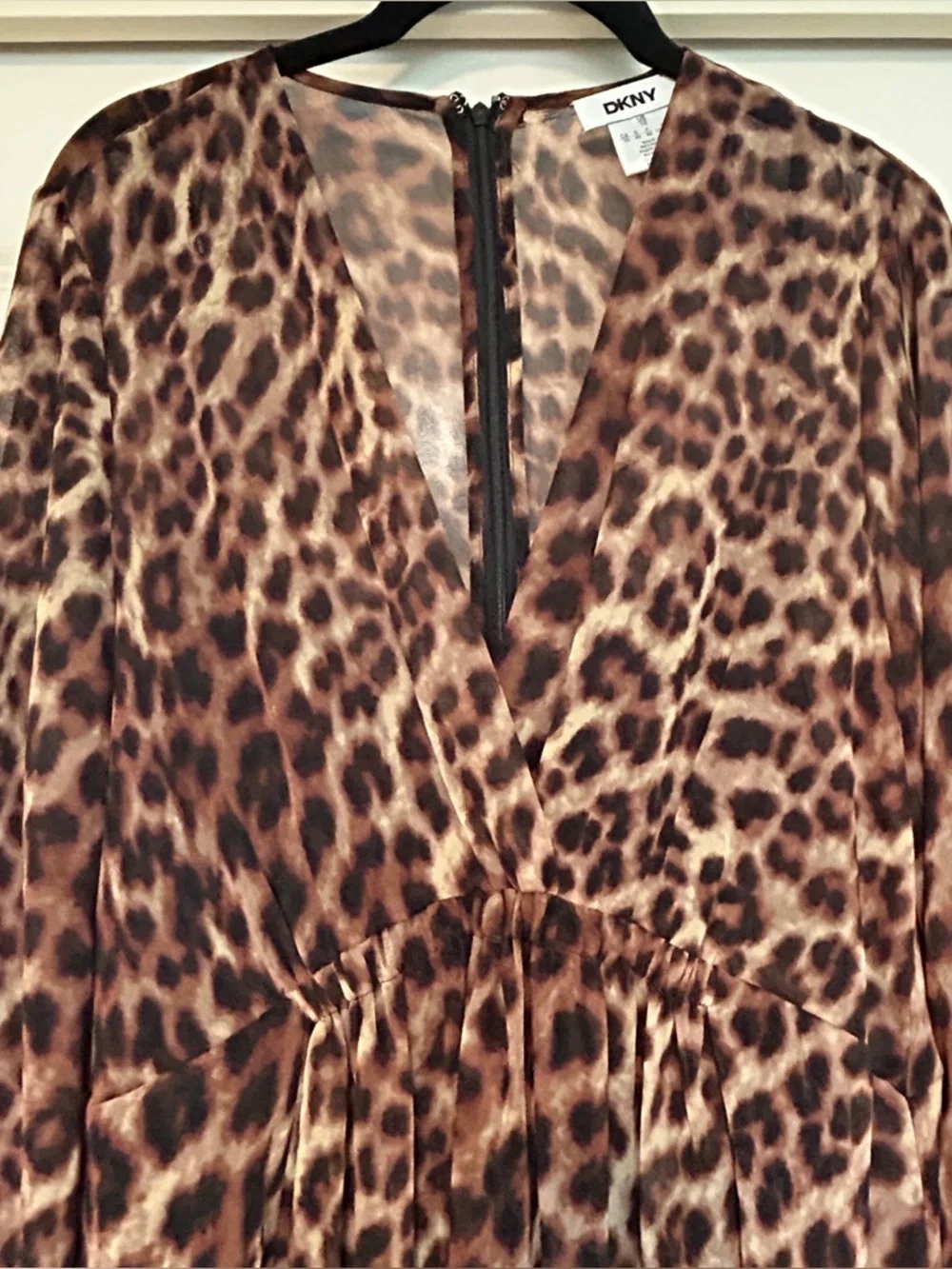 DKNY Chiffon Leopard Print Blouson Sleeve Empire Waist Dress - Picture 13 of 16